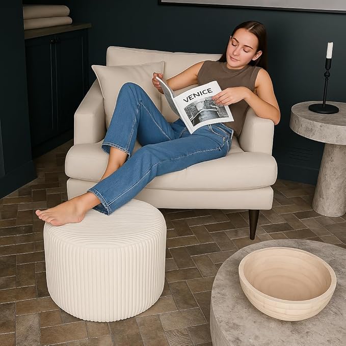 Corduroy White Ottoman Foot Rest Stool – Textured Boucle Corduroy Fabric Footstool with Soft Foam, Round Lightweight Pouf for Cozy Living Room, Bedroom – Warm White