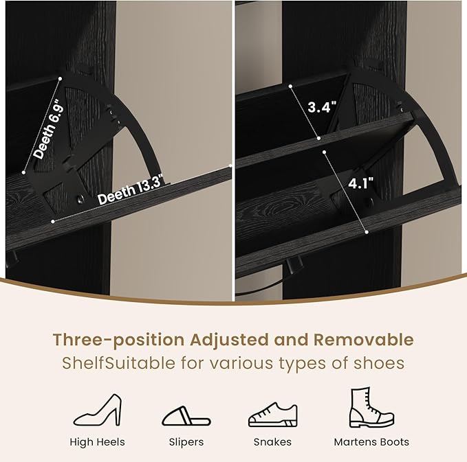 Shoe Cabinet Organizer with 2 Flip Drawers, Farmhouse Narrow Shoe Cabinet with 2 Adjustable Shelves & 2 Hooks, Shoe cabinet storage for entryway, Foyer, Hallway, Black, 31.5"W x 8.7"D x 41.7"H