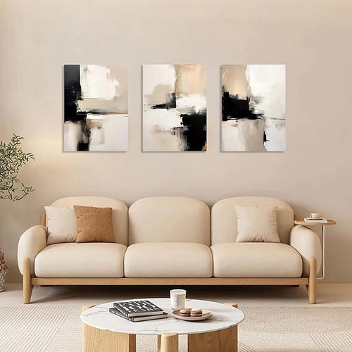 3 Piece Wall Art Framed Modern Abstract Neutral Canvas Wall Art Black White Beige Minimalist Painting for Living Room Bedroom Office Wall Decor Pictures Wall Decor with Hooks and Nails 12x16 Inch