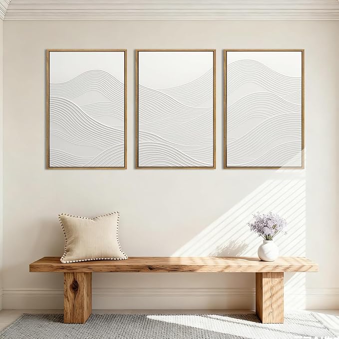 Anyzal Large Framed Neutral White Textured Wall Art 16x24 Inch Abstract Modern Canvas Wall Decor Minimalist Ocean Waves Artwork for Living Room Bedroom Office Set of 3
