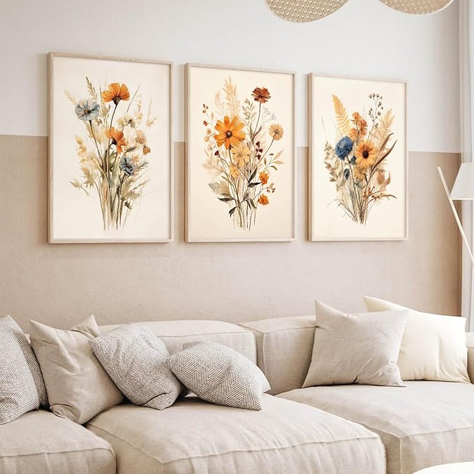 Botanical Floral Wall Art Set of 3 Vintage Wildflower Canvas Wall Decor Watercolor Rustic Farmhouse Wall Art Aesthetic Botanical Pictures Vintage Floral Prints for Room Bedroom 12x16 Inch Unframed