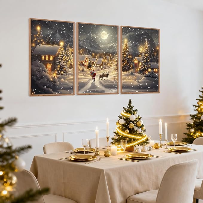 CHDITB Christmas Framed Canvas Wall Art Set, Happy Xmas Snowy Landscape Wall Decor, Holiday Winter Artwork, Santa Claus and Reindeer Painting, Vintage Xmas Art Prints for Living Room Bedroom 24"x36"x3