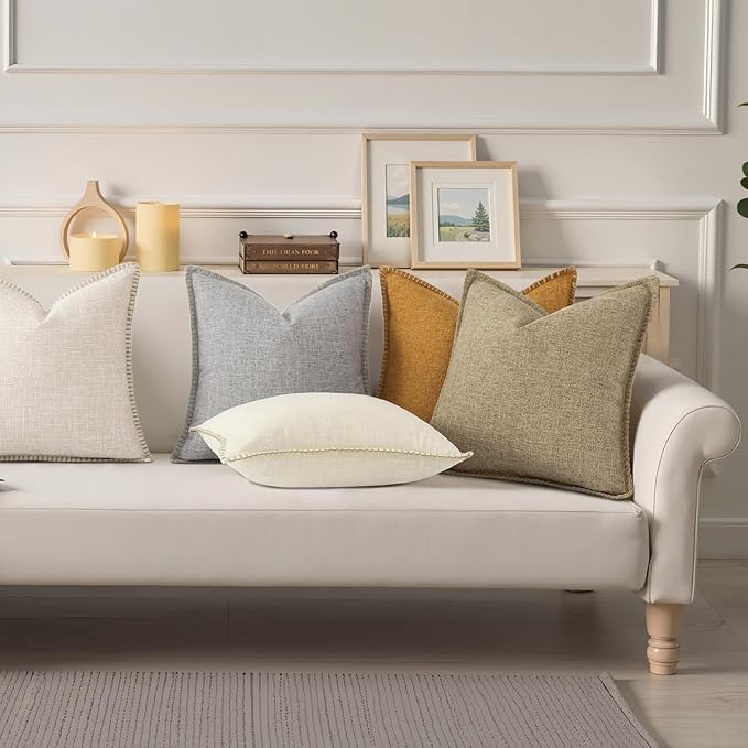decorUhome Summer Decorative Throw Pillow Covers 16x16 Set of 2 Square Faux Linen Outdoor Neutral Farmhouse Pillow Covers with Stitched Edge for Couch Sofa Living Room, Beige