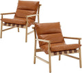 Faux Leather Accent Chair Set of 2 Mid Century Modern Living Room Chairs Comfy Arm Chair with Solid Wood Frame Upholstered Lounge Reading Chair Cozy Recliner for Bedroom/Guest Room, Brown