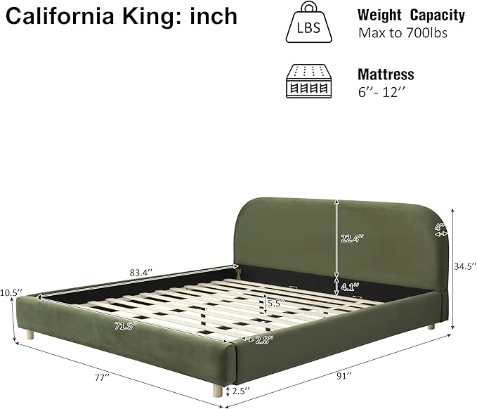 Merax Queen Size Velvet Fabric Upholstered Platform Bed with Curved Shaped Headboard, Wood Bed Frame with Solid Round Legs for Kids Teens Adults, Olive Green