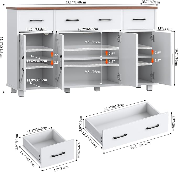 VVFLU 55" Sideboard Buffet Cabinet with Storage, Coffee Bar Cabinet with 3 Drawers and 4 Barn Doors, Long Storage Cabinet Modern Farmhouse, White Wood, for Kitchen, Dining Room, Living Room