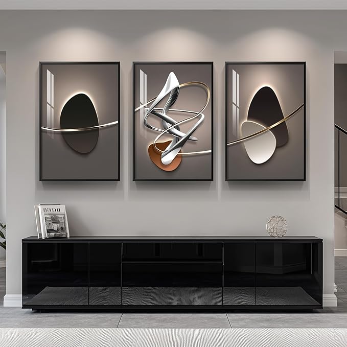 Framed Large Modern Abstract Wall Art for Living Room, Large 3 Piece Black and White Bright Style Artwork, Minimalist Geometric Painting Prints for Dining Room Hallway Office Wall Decor, 24x36 In