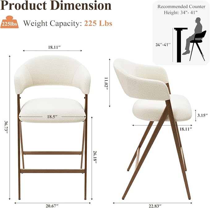 Bar Stools Set of 2, Counter Height BarStools with Back, Modern Upholstered Island Stools with Metal Legs for Kitchen Counter, Dining Room, Beige