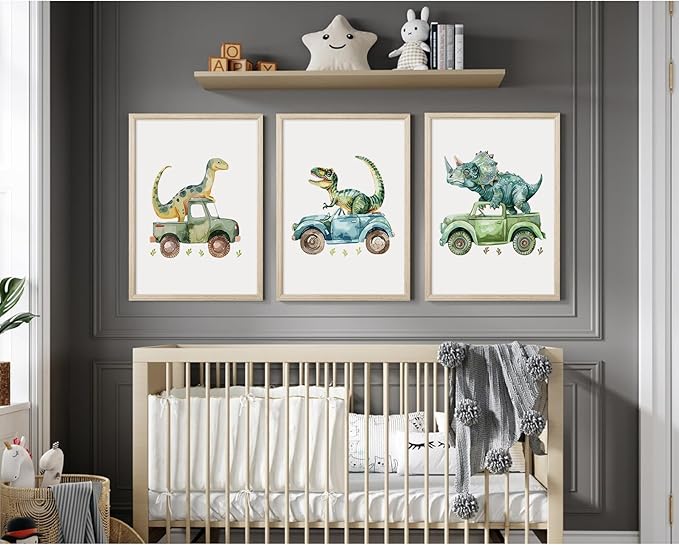 Dinosaur Nursery Wall Art Kids Canvas Poster Baby Boy Nursery Wall Decor Green Dino Pictures Toddler Prints Cartoon Dino Car Painting Boys Room Artwork for Bedroom Bathroom 16x24x3 Inch White Framed