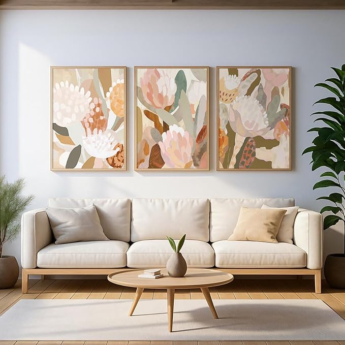 Abstract Flower Wall Art Boho Floral Wall Decor Modern Botanical Canvas Prints Neutral Banksia Flower Pictures Minimalist Floral Poster Painting for Bedroom Living Room 12x16 Inch Unframed Set of 3
