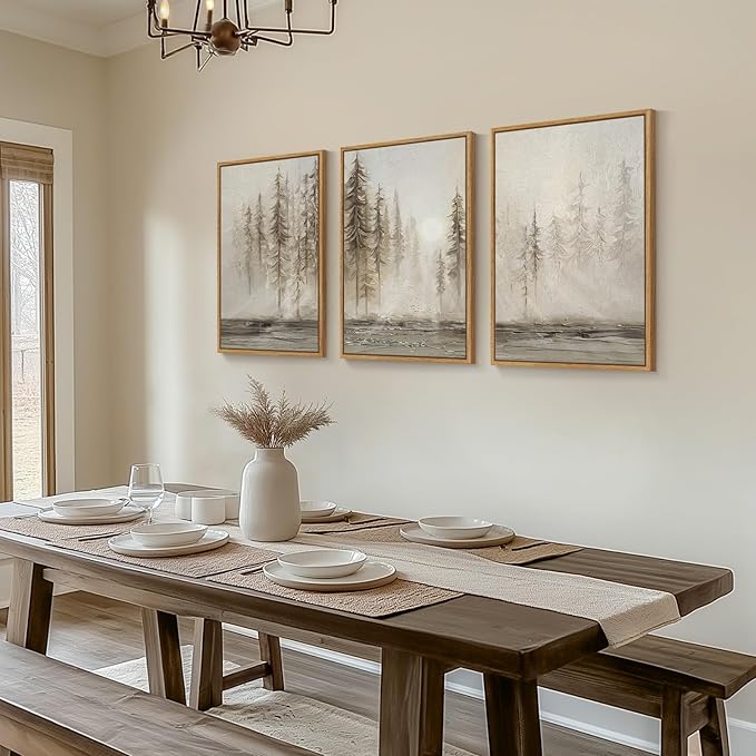 Framed Neutral Tree Set of 3 Wall Art for Living Room, Abstract Modern Rustic Landscape Beige Canvas Artwork for Walls, Nordic Misty Forest Farmhouse Wall Decor for Bedroom Hallway Office, 16x24 Inch