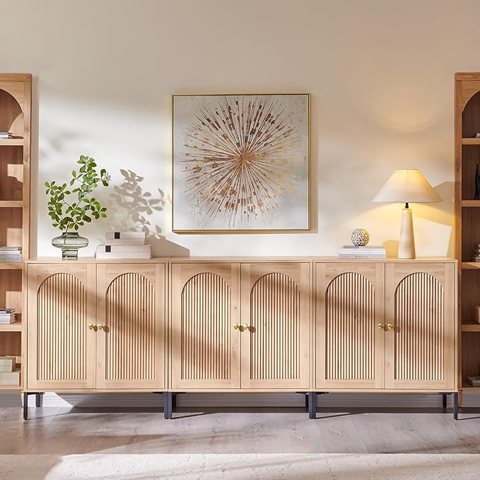 IFGET Modern Buffet Cabinet with Storage, 92.63" W Fluted Arched Sideboard Cabinet w/Adjustable Shelves, Wooden Modular Coffee Bar for Dining Room, Kitchen, Living Room, Entryway, Natural