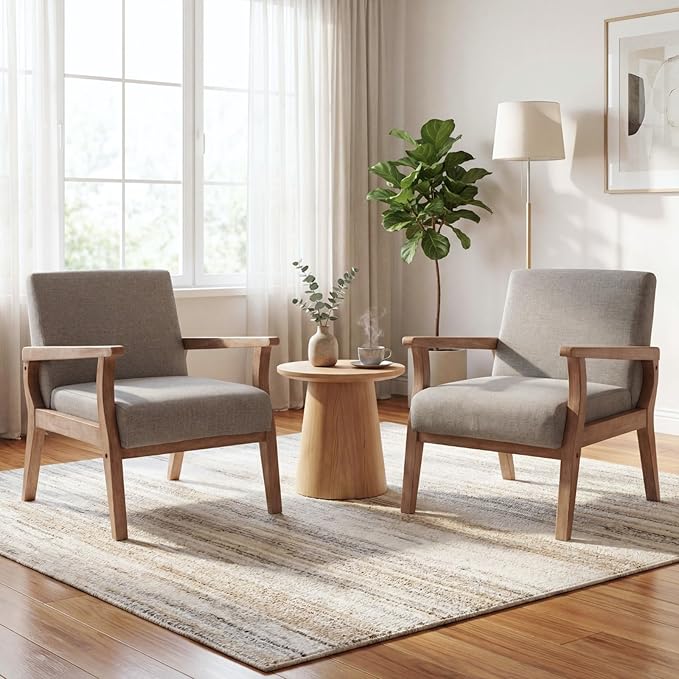 BESTANO Mid Century Modern Accent Chair Set of 2, Linen Upholstered Living Room Accent Armchair with Wood Frame, Farmhouse Chair for Living Room Bedroom, Gray