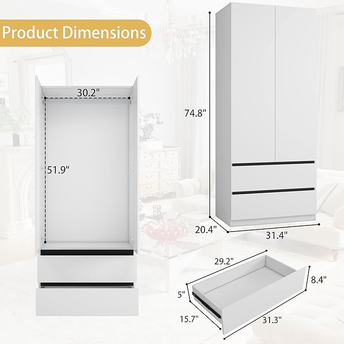 White Wardrobe Closet with Doors: 75" Large Capacity Bedroom Armoire, Wooden Cabinet with 2 Drawers, Hanging Storage Shelves with Hanging Rod (Contemporary, 1)