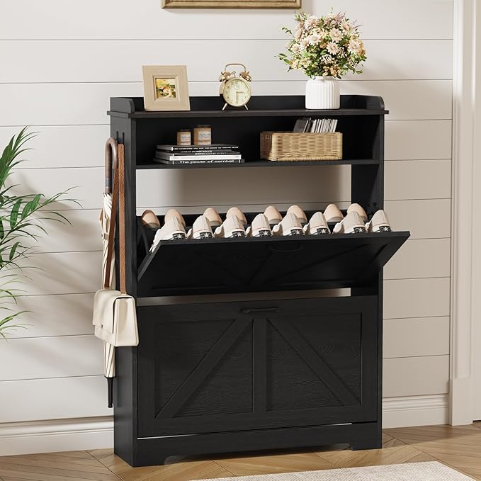 Shoe Cabinet Organizer with 2 Flip Drawers, Farmhouse Narrow Shoe Cabinet with 2 Adjustable Shelves & 2 Hooks, Shoe cabinet storage for entryway, Foyer, Hallway, Black, 31.5"W x 8.7"D x 41.7"H