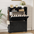 Shoe Cabinet Organizer with 2 Flip Drawers, Farmhouse Narrow Shoe Cabinet with 2 Adjustable Shelves & 2 Hooks, Shoe cabinet storage for entryway, Foyer, Hallway, Black, 31.5"W x 8.7"D x 41.7"H