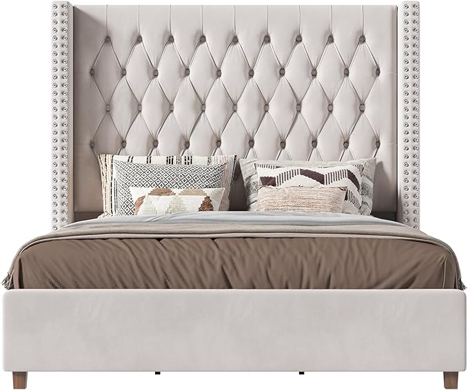PaPaJet California King Size Bed Frame with 61.4" Tall Wingback Design Headboard, Velvet Upholstered Platform, Handmade Deep Button Tufting, Solid Wood Legs, No Box Spring Needed, Cream