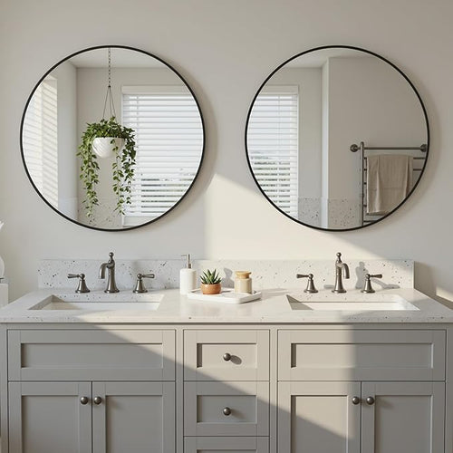 Antok 20 Inch 2PCS Round Mirror for Wall, Round Bathroom Mirror, Circle Wall Mirrors with Black Metal Frame, Circle Mirrors Suitable for Wall, Bathroom, Vanity, Living Room, Entryway