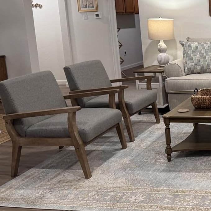 BESTANO Mid Century Modern Accent Chair, Linen Upholstered Living Room Armchair with Wood Frame, Farmhouse Chair for Living Room Bedroom, Gray