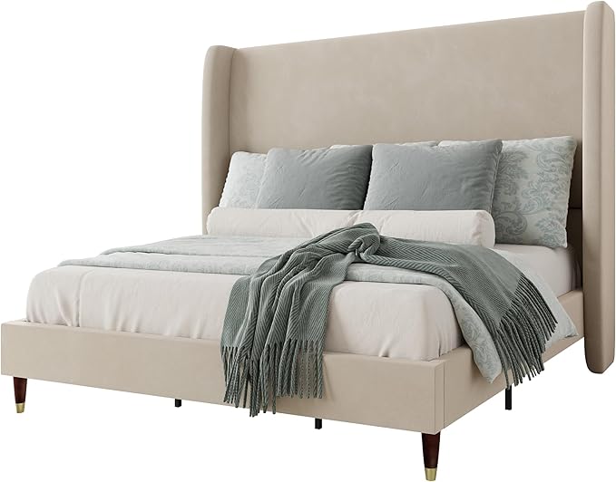 Jocisland Full Size Bed Frame 51.2" Wingback Headboard Velvet Upholstered Platform Bed with Solid Wood Legs & Wooden Slats, No Box Spring Needed, Modern Minimalist Style, Easy Assembly, Off-White
