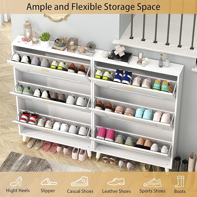 White Shoe Cabinet Storage for Entryway: Modern Hidden Shoe Storage Cabinet, Shoes Rack with 6 Flip Drawers, Wood Small Organizer with Doors (2 Pieces, 32")