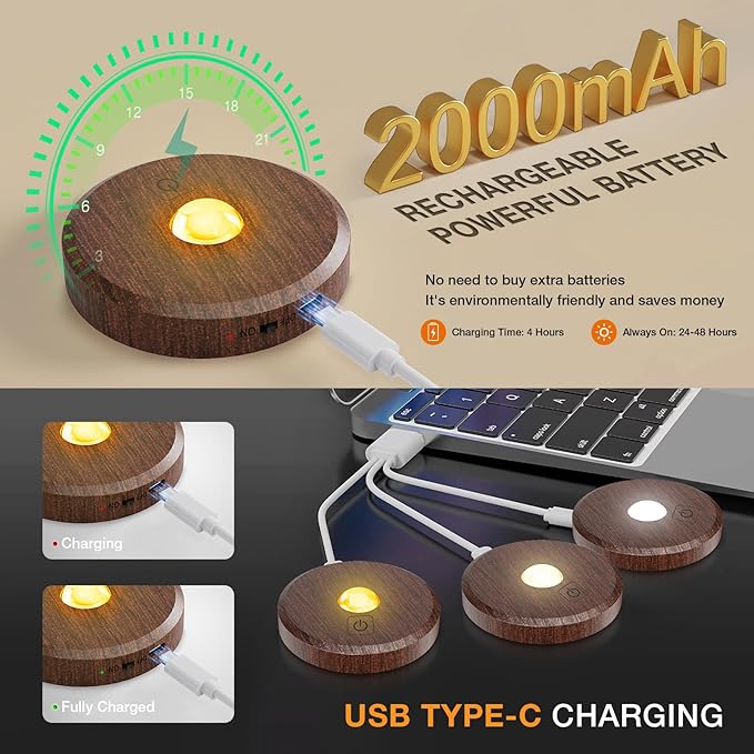 Puck Lights with Remote Control Rechargeable,Wireless Under Cabinet Lighting,2000mAh Battery Operated Tap Push Touch Lights,Stick On Lights for Counter,Shelf,Bookcase (Wood Color, 5 Pcs)