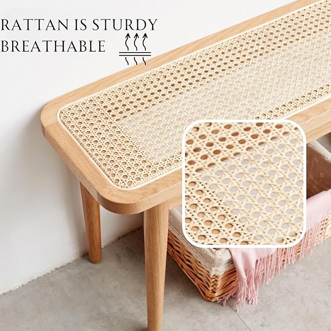 47’’-63’’ 100% Oak Extendable Dining Table and Bench Set for 2, Solid Wood Folding Kitchen Table, Mid Century Modern Dinner Table for Kitchen, Living Room, Natural (47''-63''+47''Rattan Bench)