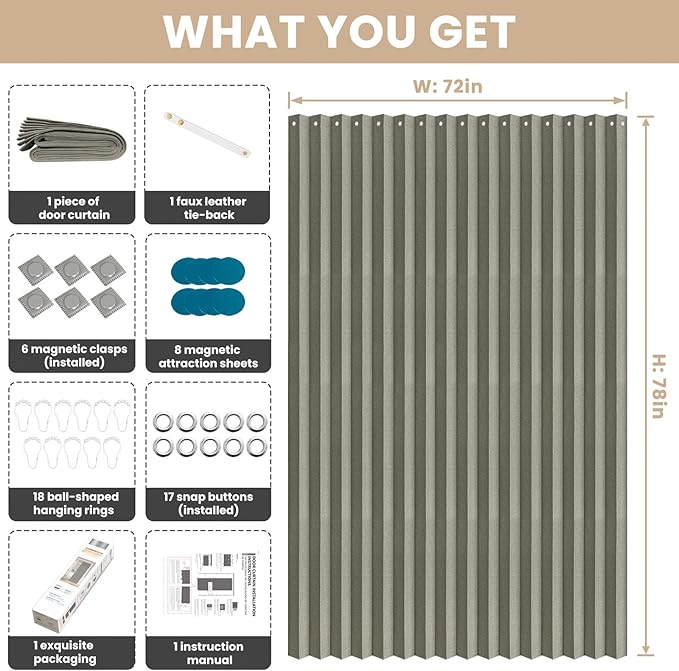 Jilron Accordian Door Curtain, 100% Blackout Folding Magnetic Doorway Curtains,Linen Style Closet Doors,for Room Divider,Privacy Protection（W72 x L78,Grey,1 Panel）