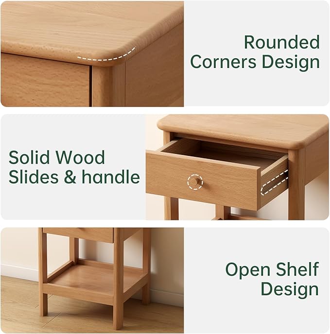 Wood Side Table Set of 2, Small Wooden Bedside Table with Drawer and Open Storage, Wooden Night Stand for Bedroom, Living Room, Natural, 18.5" H