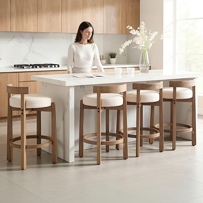 LukeAlon Mid Century Linen Single Counter Stool, Upholstered 26.5" Seat Height Low Barstools with Natural Wood Legs Round Low Back Kitchen Stool with Footrest for Dining Room, Beige