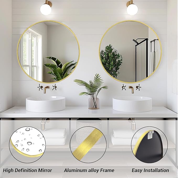 Sunniry Gold Round Mirror, 24 inch Circle Mirror, Gold Metal Frame Bathroom Mirrors, Round Wall Mounted Mirrors for Bathroom, Hallway, Living Room, Bedroom.