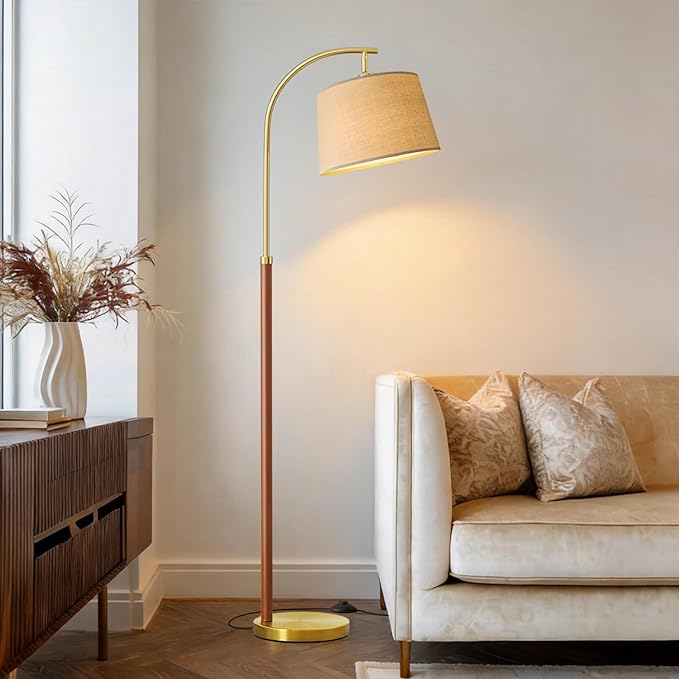 G-SAFAVA 62.5" Wood Floor Lamp for Living Room Gold with Foot Switch Arc Standing Tall Lamps for Bedroom Mid Century Modern Corner Floor Lamps for Office Nursery Industrial Reading Light Room Lamp