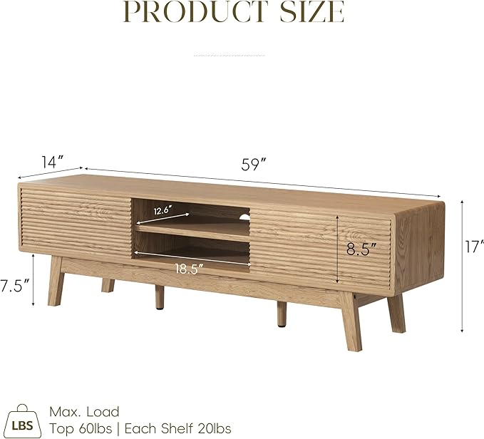 MU 59 Inch TV Stand for TVs up to 65 Inch, Mid Century Modern TV Console with Fluted Sliding Doors & Shelves, Low Profile Entertainment Center for Bedroom, Living Room (Oak, 59")