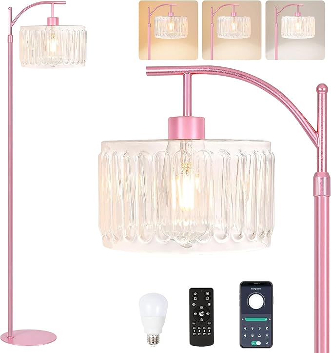 QIYIZM Pink Floor Lamp for Living Room,Bedroom,Gold Dimmable Standing Lamp with Remote,Mid Century Modern Brass Tall Lamp Boho Floor Lamps Arc Stained Glass Flower Floor Light Lamp Girls kids Bohemian