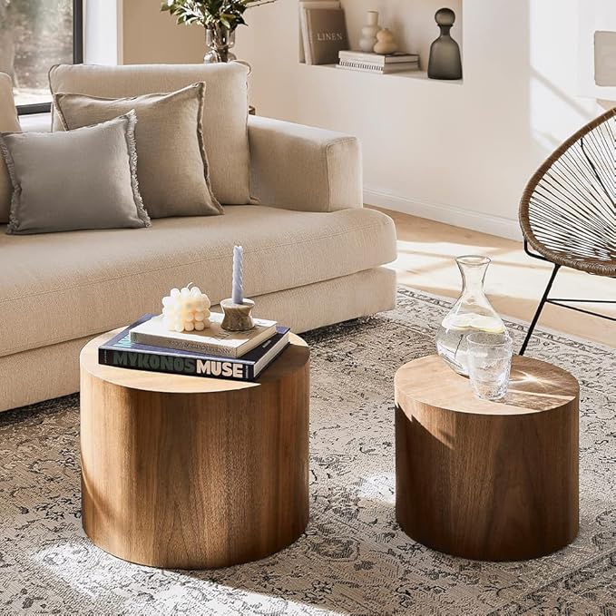WILLIAMSPACE Nesting Coffee Table Set of 2, Walnut Round Wooden Coffee Tables Modern Circle Table for Small Space Living Room Bedroom Accent End Side Table (Walnut-Round)