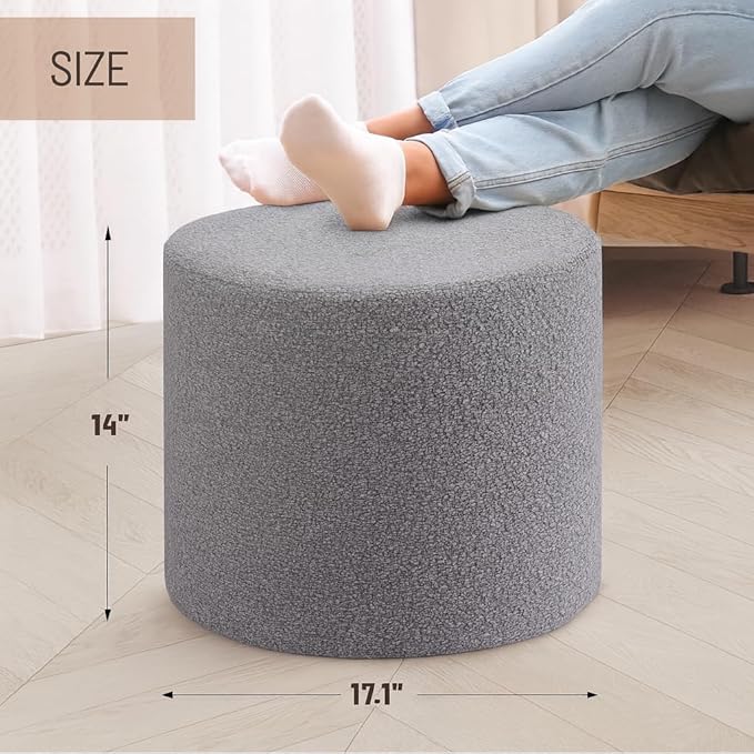 Grey Round Ottoman Foot Rest Stool – Modern Boucle Fabric Footstool with Soft Foam Filling, Lightweight Pouf for Living Room, Bedroom, Home Office – Neutral Grey