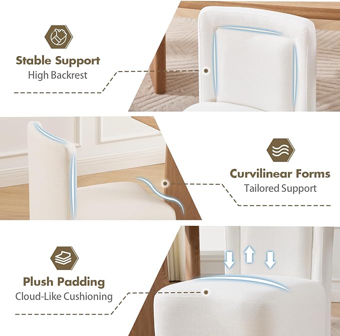 Hyfirm Upholstered Dining Chairs No Assembly, Set of 6 Modern Parsons Armless Kitchen Chairs with Padded Seat Cushion, Ready-to-Use White Linen Accent Side Chair for Diningroom Living Room Bedroom