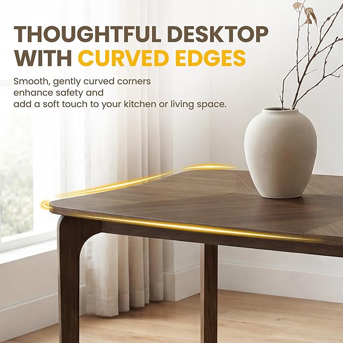 HNY Modern Curved Edge Dining Table, 63" Solid Wood Kitchen Table with Herringbone Pattern Mid-Century Rectangular Dinner Table for 6-8 People, Walnut Color Finish