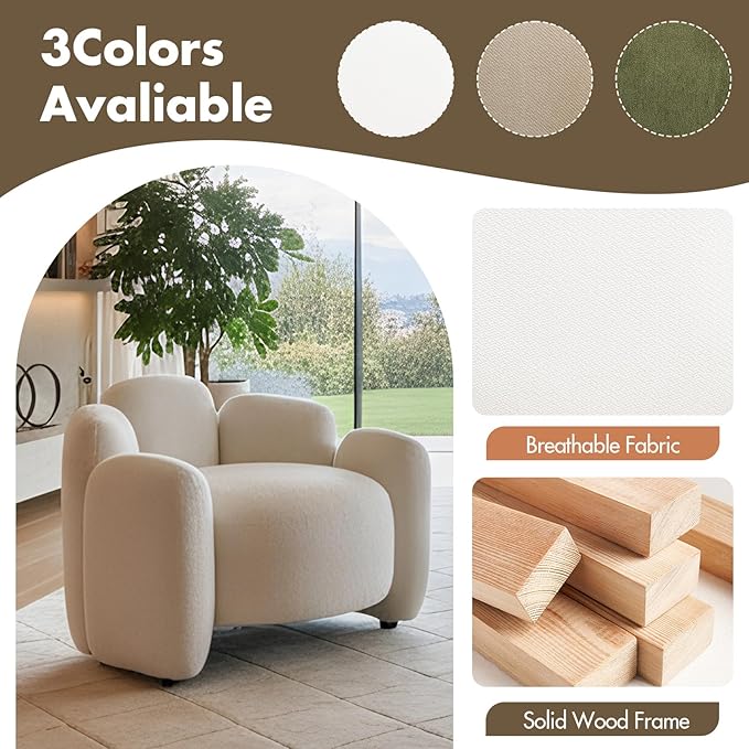 Hyfirm Modern Accent Chair, Mid-Century White Upholstered Comfy Barrel Chair with Solid Wood Base, Comfortable Single Reading Seater for Living Room, Bedroom, Study, Scandinavian Style Side Seating