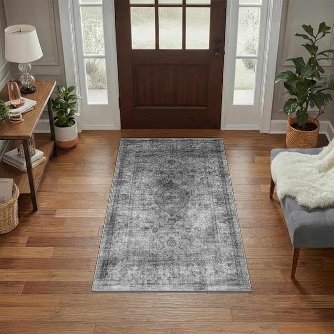 Homemate Washable Rug 3x5 Area Rugs - Vintage Faux Wool Rugs for Living Room Bedroom Dining Room - Non Slip Foldable Carpet Indoor Area Rug for Home Decor（3'x5', Black