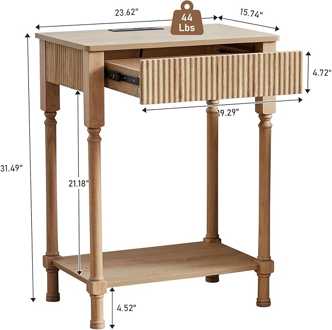 Night Stand Set of 2,Fluted Nightstand with Charging Station, 23.6” Large Bed Side Table End Table with Drawer, Modern Mid Century Wooden Night Stands Bedside for Bedroom Living Room Office,Natural