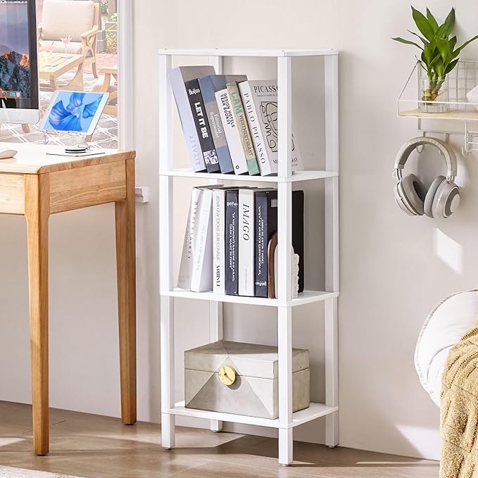 YUFAM 4 Tier Tall Wooden Bookshelf with Storage - Small White Bookcase for Small Spaces, Shelf for Living Room, Office, Bedroom, Kitchen - Industrial Modern Book Shelf