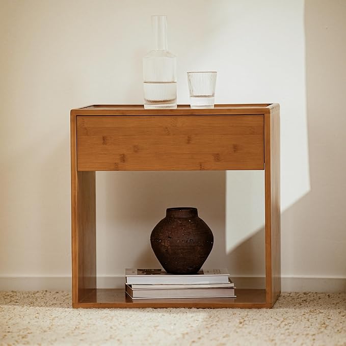 RECCI Solid Bamboo Nightstand, Sustainable Curved Classic Mid-Century Modern Wood Bedside Table with Soft-Close Drawer, Handle-Free Design, Open Shelf Storage, No Assembly Required (Walnut)