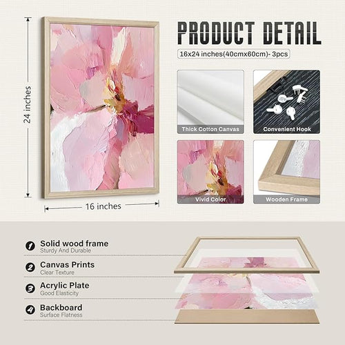 Abstract Floral Wall Art Pink Flower Canvas Pictures Modern Wall Decor Blush Pastel Pink Prints Peony Painting Minimalist Poster Botanical Artwork for Bedroom Living Room 16x24x3 Inch Wood Framed