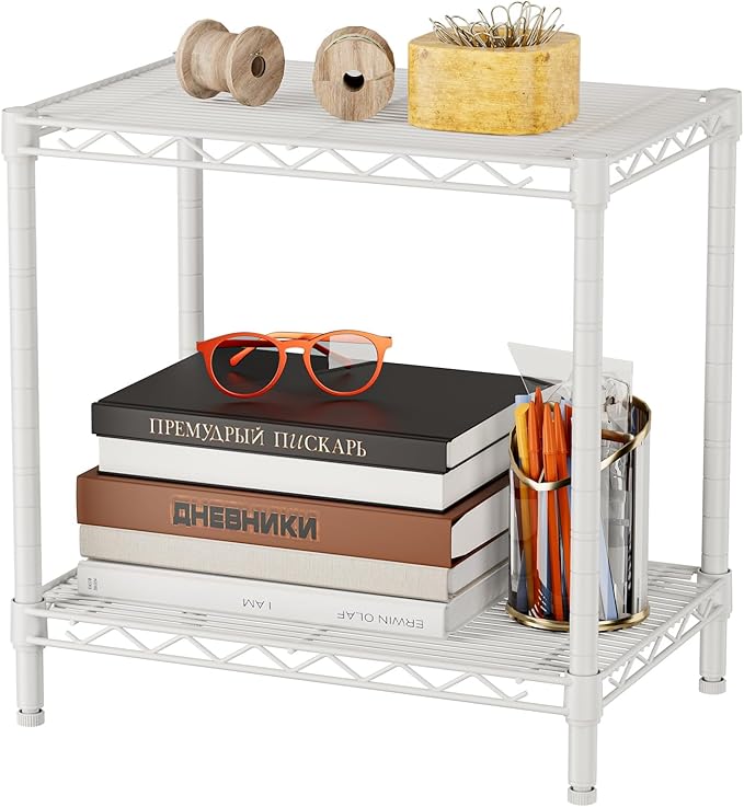 SINGAYE Bookshelf Shelves Bookcase Shelf: 2 Tier Small Shelving Unit Home Storage Organizer Wire Metal Adjustable Free Standing Display Shelf for Bedroom Living Room Office Pantry White