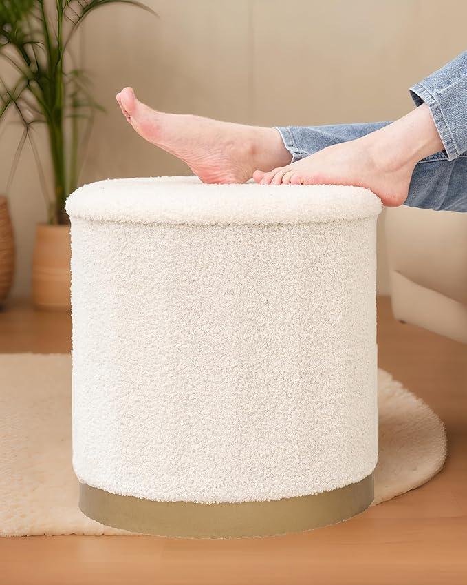 B FSOBEIIALEO Ottoman with Stroage, Round Boucle Storage Ottoman with Gold Plating Base,Foot Rest Stool for Dorm Room, Living Room White, 16.73"x16.73"x17.72"