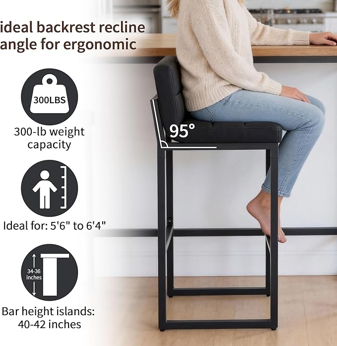 FIRAVOE Bar Height Bar Stools Set of 2, Modern Tall Counter Stool, Faux Leather Barstools with Back, Comfortable 30-inch Seat Height Island Chairs for Kitchen Island (Black, 2Pcs 30" Bar Stools)