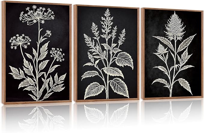 HPNIUB Vintage Floral Framed Canvas Wall Art Set, Minimalist Botanical Wall Decor, Nature Inspired Wildflower Leaf Wall Painting, Neutral Artwork for Living Room, Office(Set of 3,12X16 Inch)
