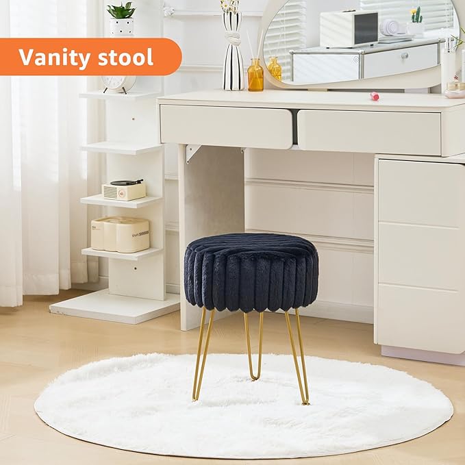 Vanity Stool,Faux Fur Ottoman Foot Stool, Dressing Table Seat with Metal Leg Vanity Chair for Bedroom, Living Room, Entryway, Offices