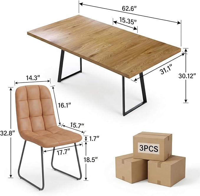 ZckyCine Extendable Dining Table Set 47"-63", Rustic Wood Table with 6 PU Leather Chairs, Modern Scandinavian Dining Room Furniture for Kitchen Apartment